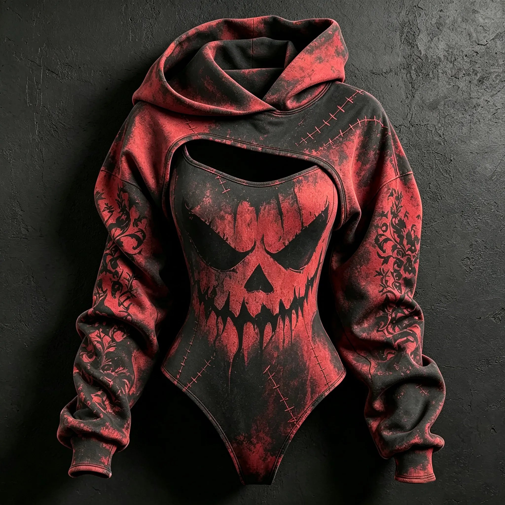 Women's Retro Halloween Emoji Tie-dye Print Hoodie Two-piece Set